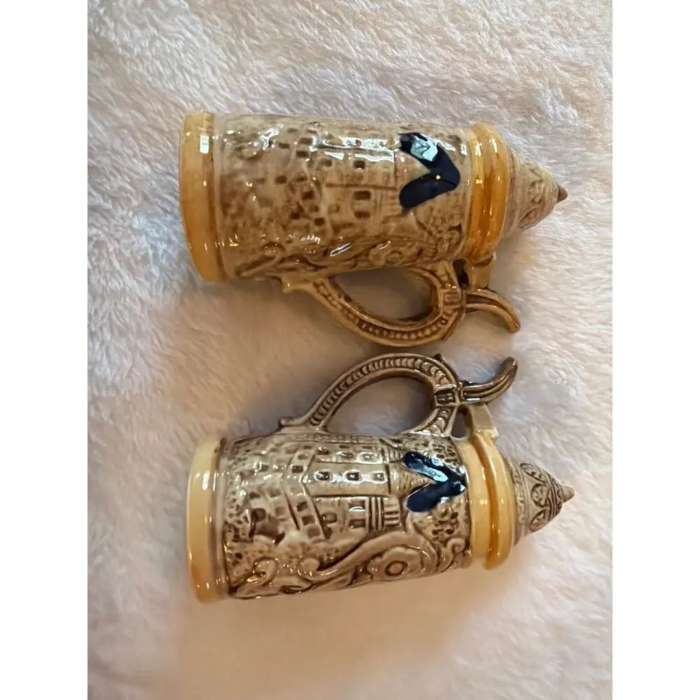 Vintage Mini Ceramic Beer Stein Salt & Pepper Shakers Floral Relief Japan Set 2